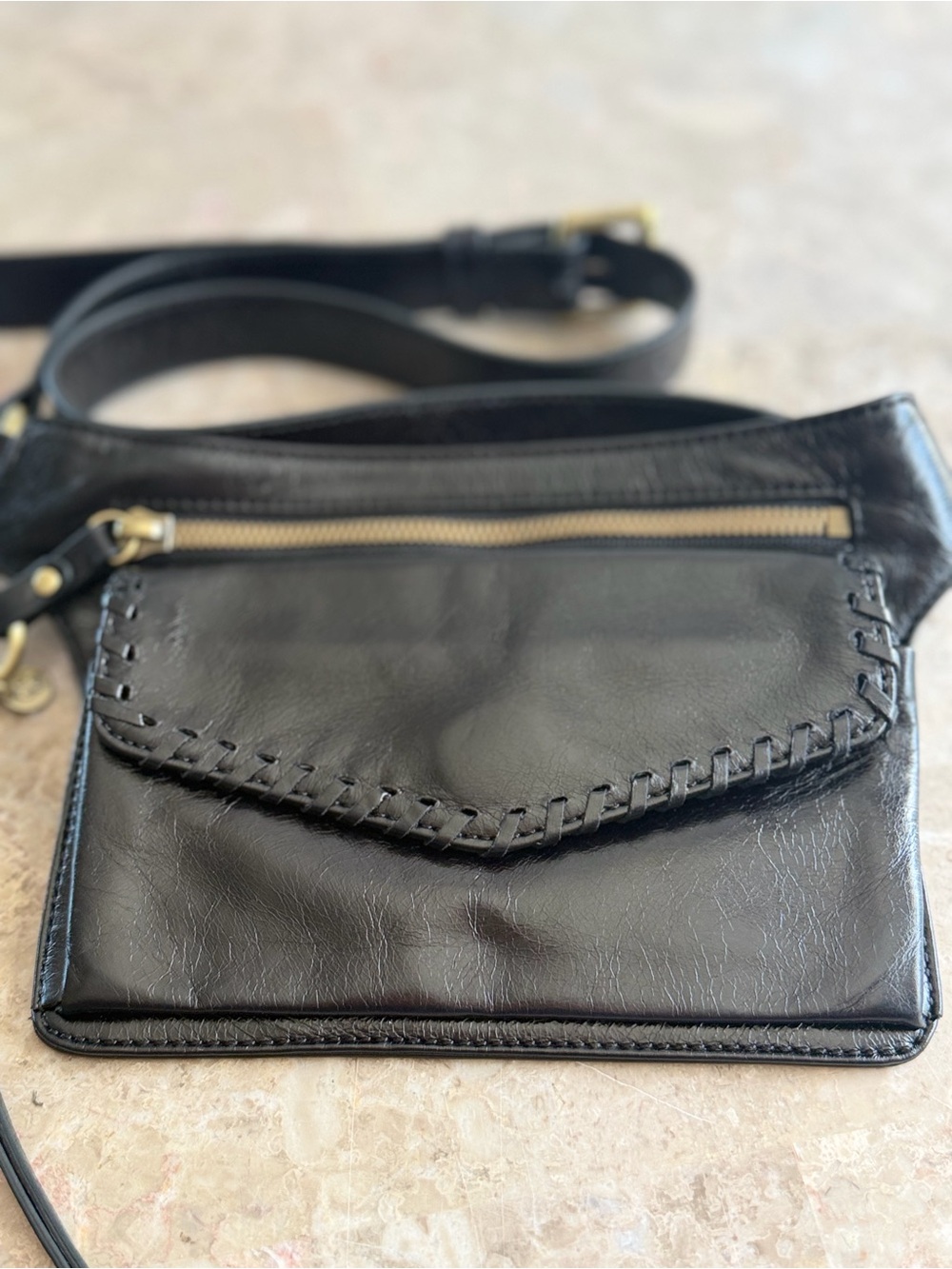 HOBO International Black Leather Belt Bag Fanny Pack Waist Bag Organizer 7”